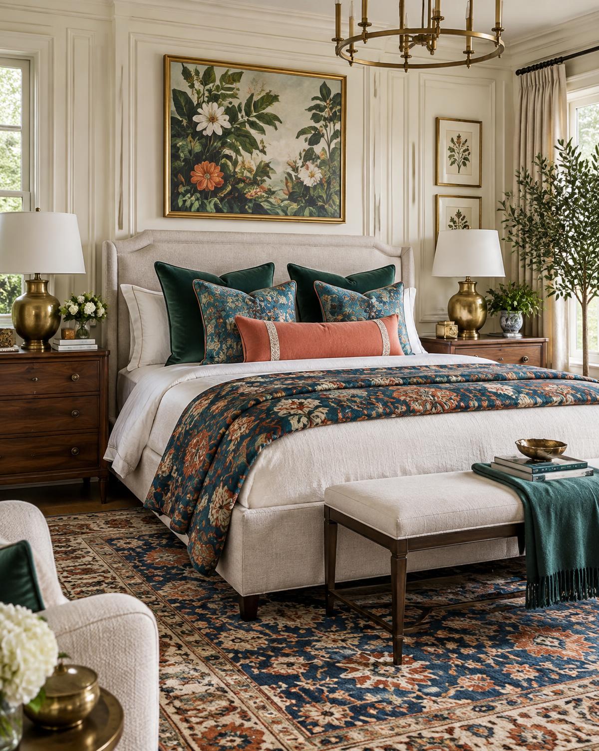 Vibrant transitional primary bedroom